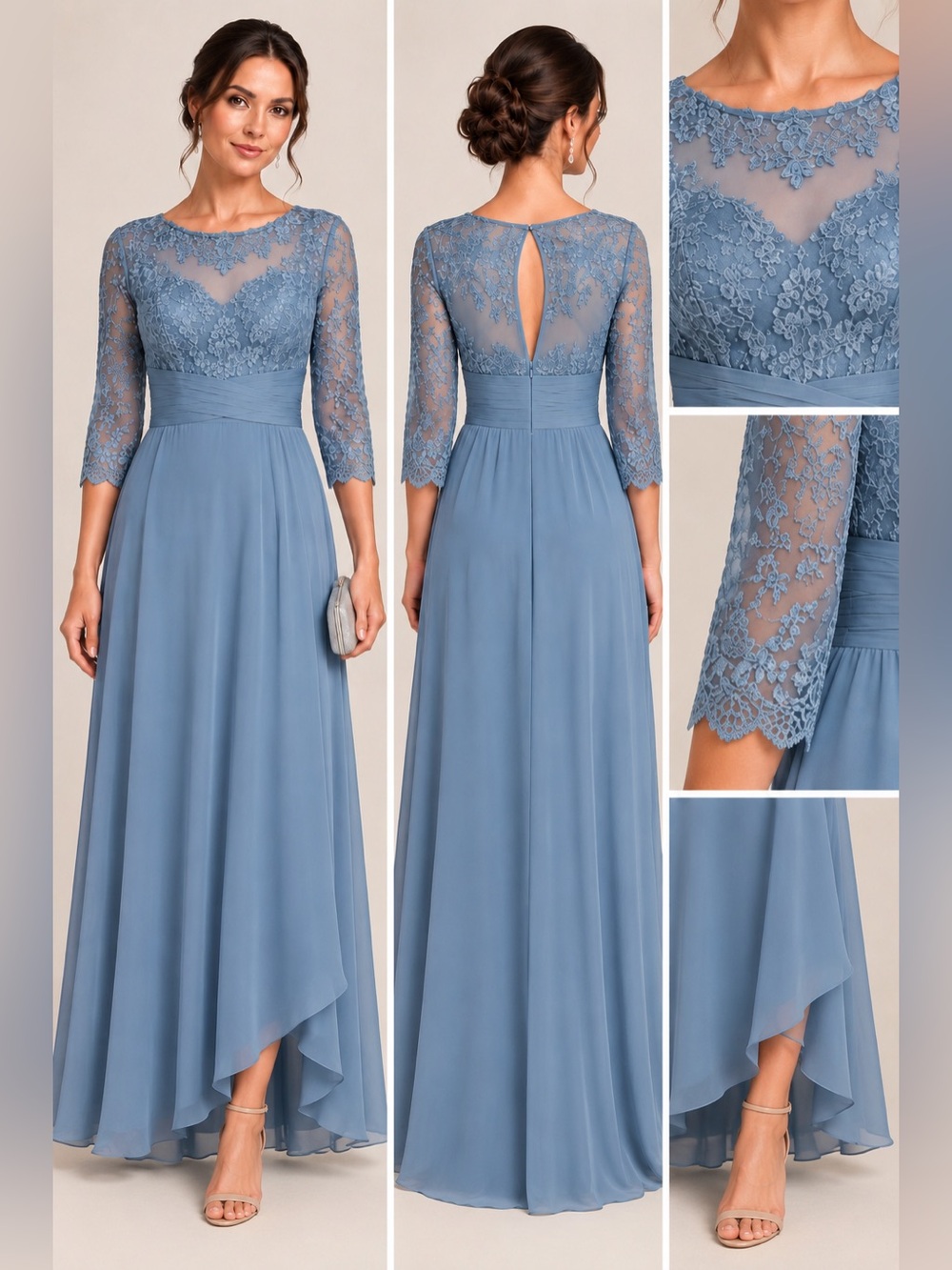Dusty Blue Lace Chiffon Formal Dress Size 16 Mother of the Bride